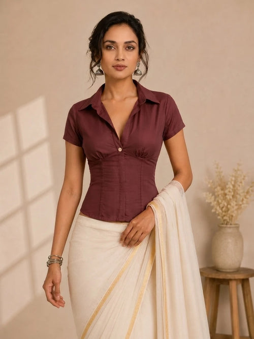 Advika Short Sleeve Deep Maroon viscose Cinchfit™ Corset Top