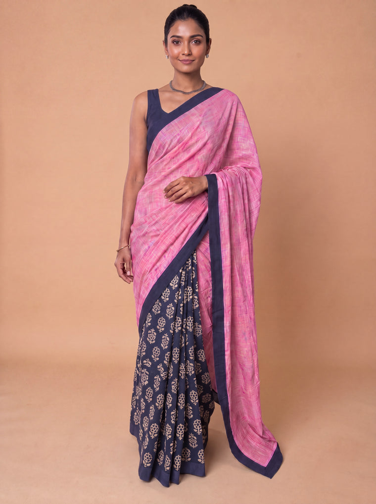 Mayuri Patchwork Blue Flower Mul Cotton DrapeFit™ Saree