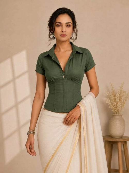 Advika | Short Sleeve Pine Green viscose Cinchfit™ Corset Top