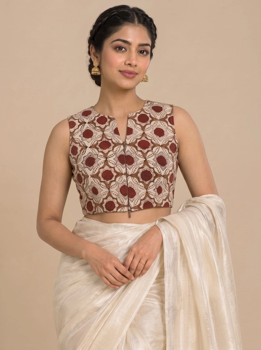 Madhvi Mood | 2-Way Zipper Sleeveless Red Dahlia Handblock Printed Handblock Printed Cotton FlexiFitFit™ Saree Blouse