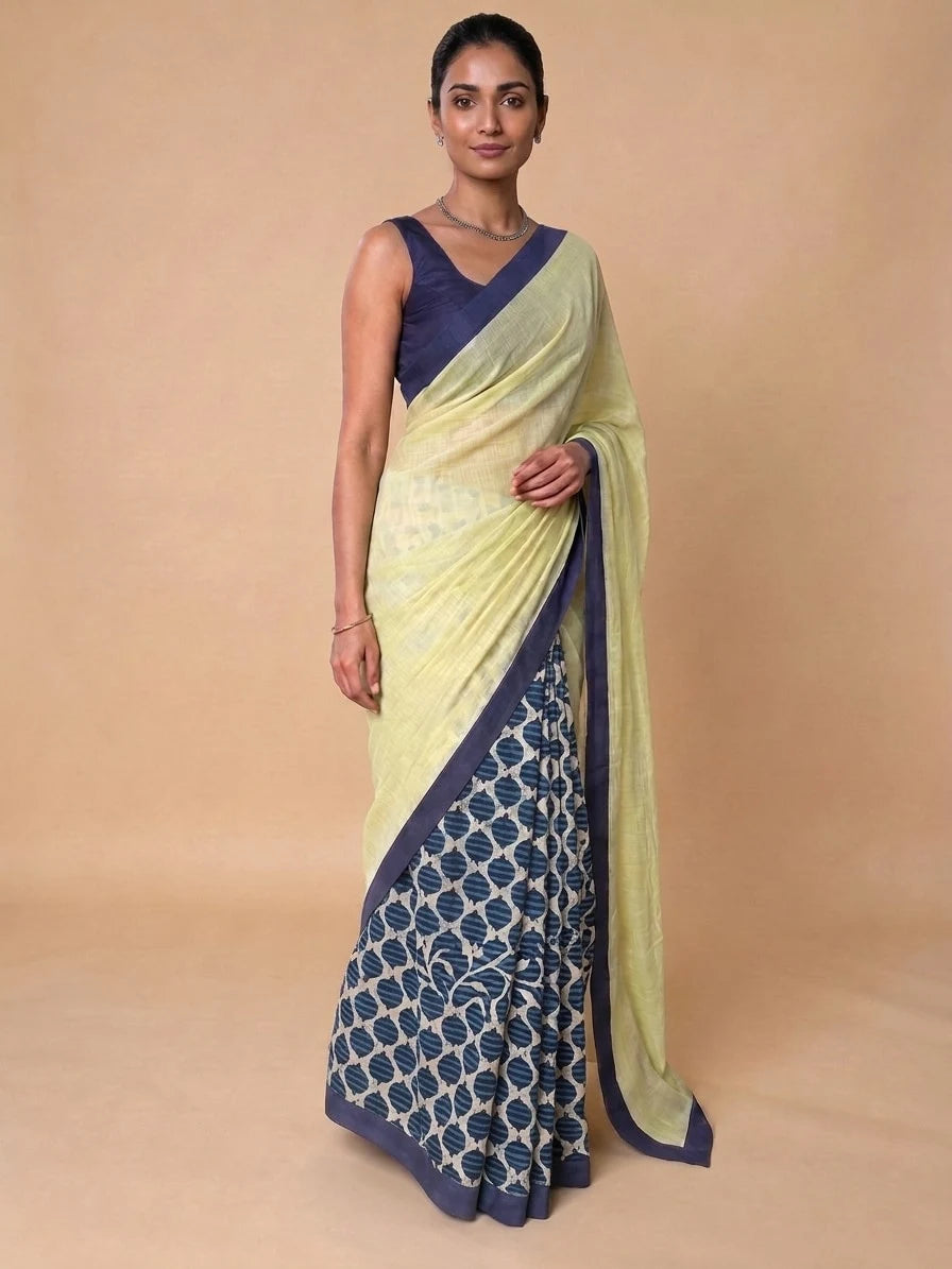 Mayuri Patchwork Blue Spade Mul Cotton DrapeFit™ Saree