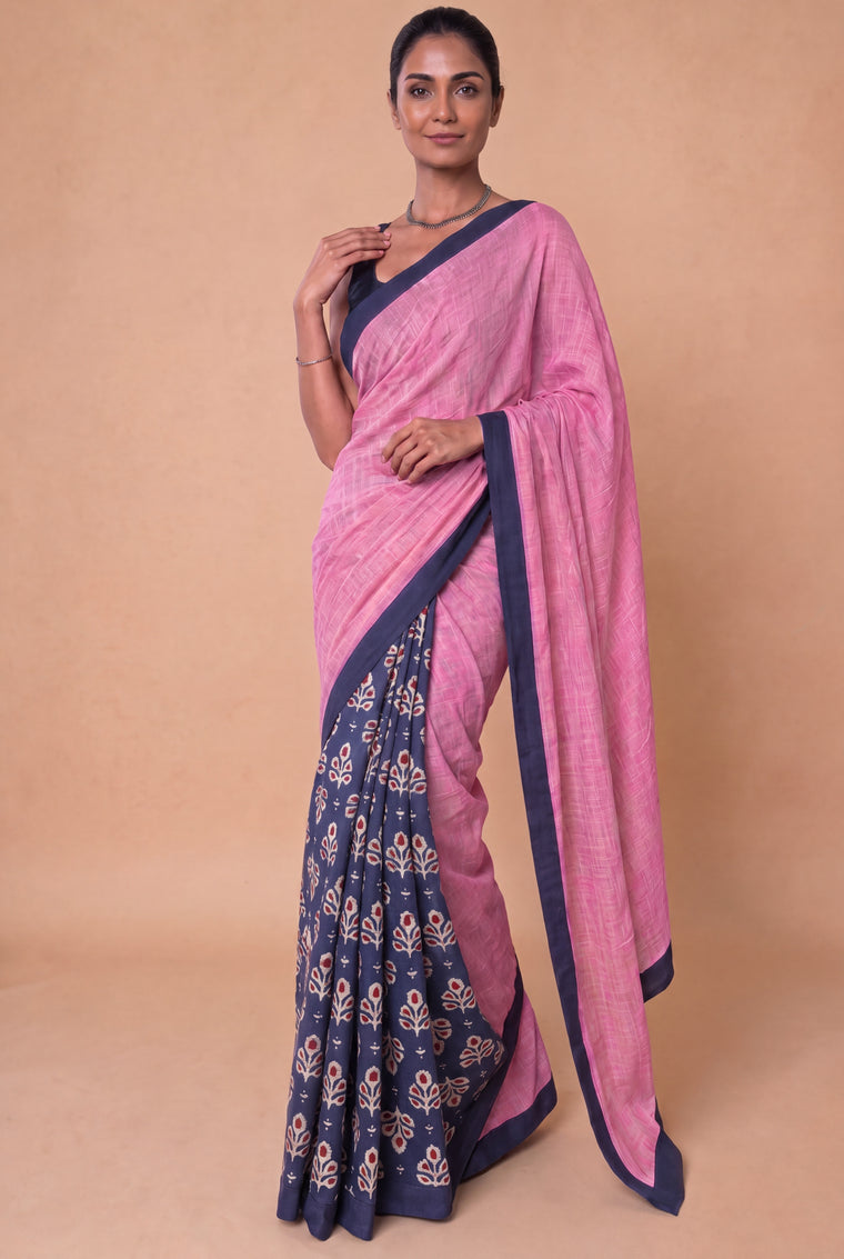 Mayuri Patchwork Blue Floral Butta Mul Cotton DrapeFit™ Saree