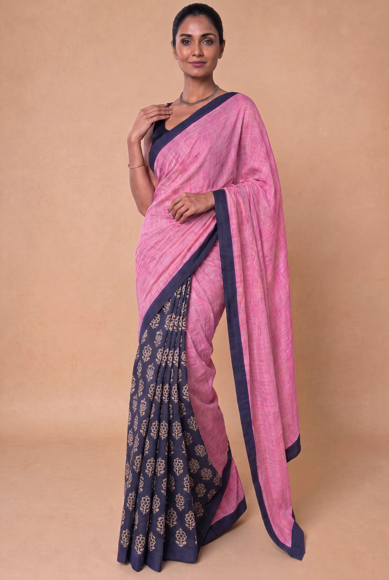 Mayuri Patchwork Blue Flower Mul Cotton DrapeFit™ Saree