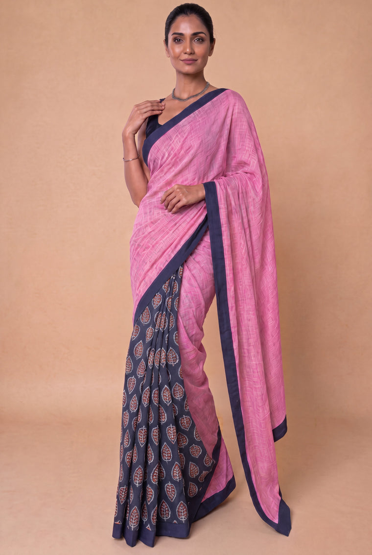 Mayuri Patchwork Blue Leaf Mul Cotton DrapeFit™ Saree