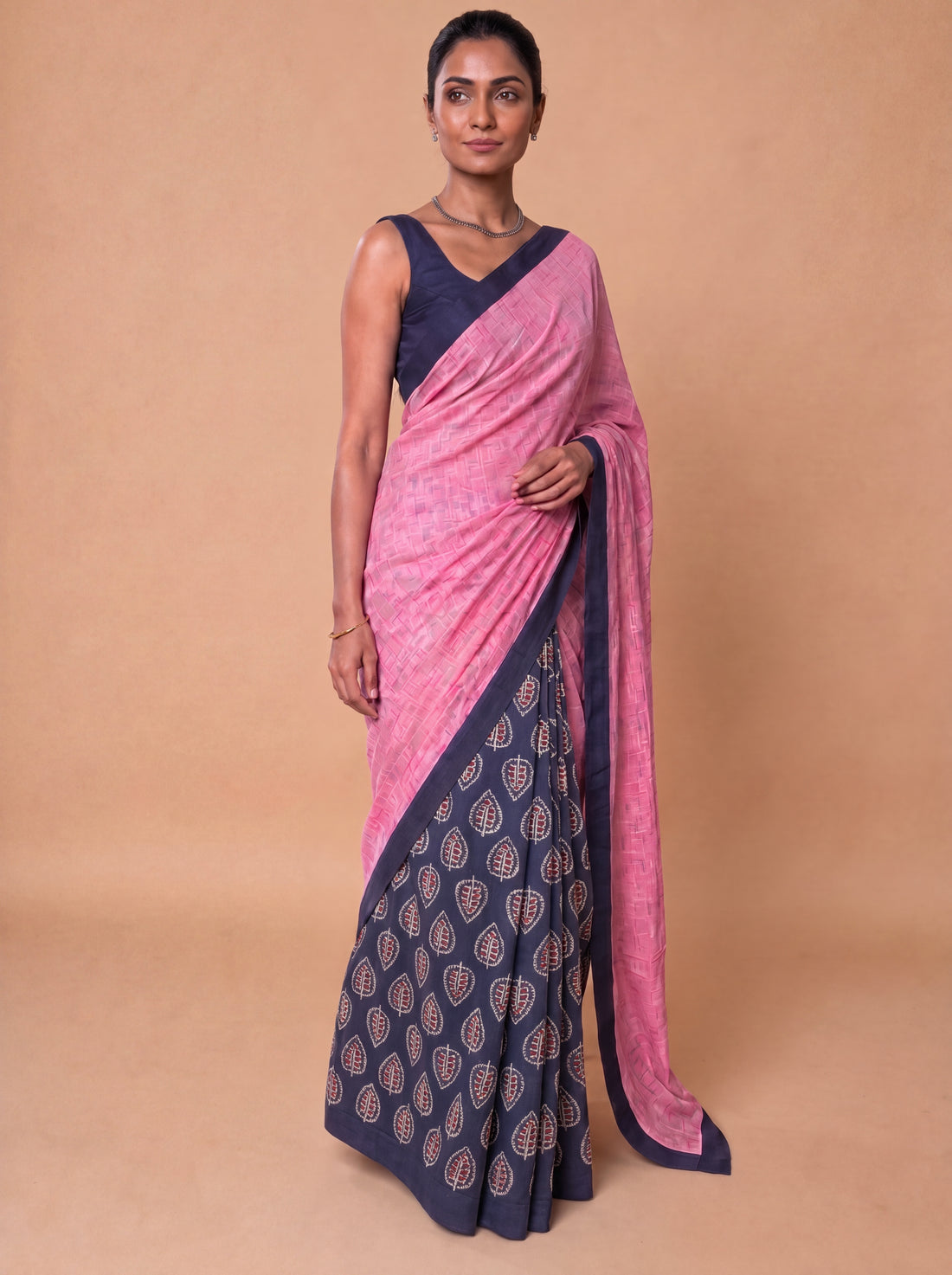 Mayuri Patchwork Blue Leaf Mul Cotton DrapeFit™ Saree