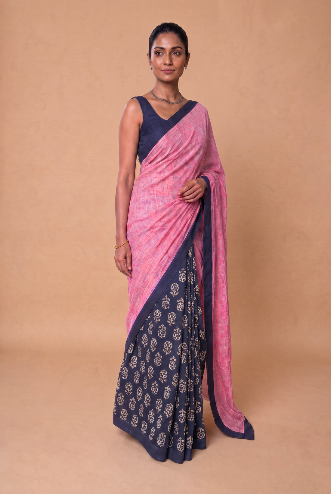 Mayuri Patchwork Blue Flower Mul Cotton DrapeFit™ Saree