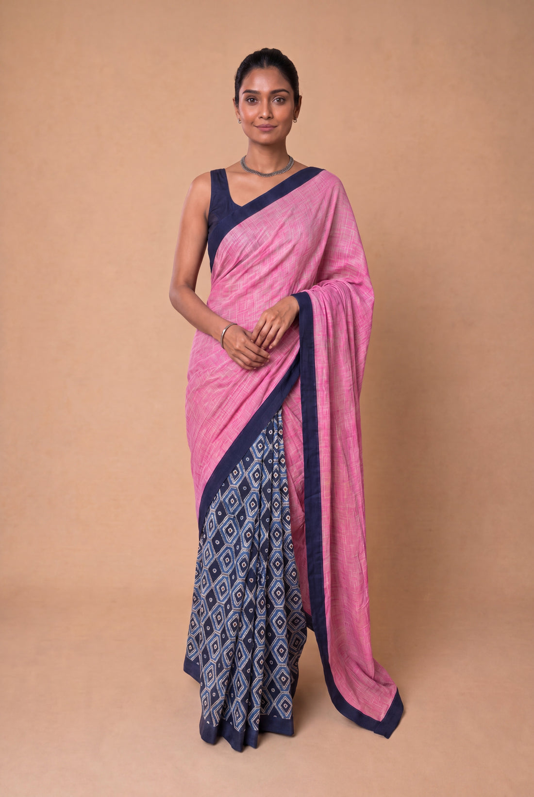 Mayuri Patchwork Blue Honeycomb Mul Cotton DrapeFit™ Saree