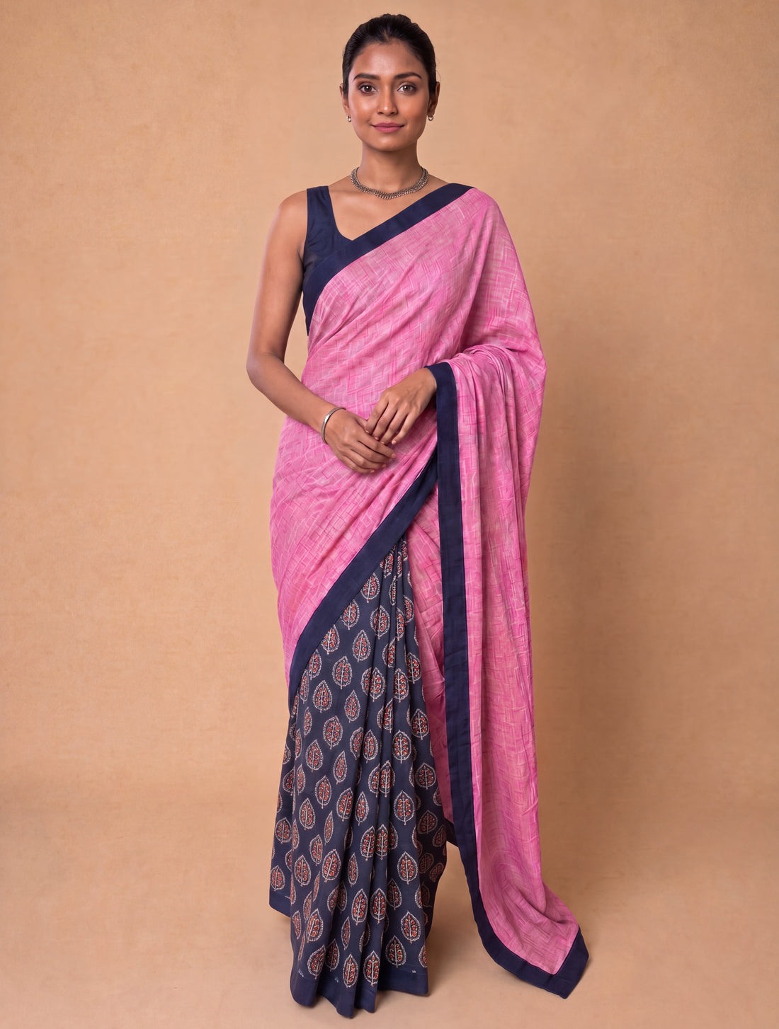 Mayuri Patchwork Blue Leaf Mul Cotton DrapeFit™ Saree
