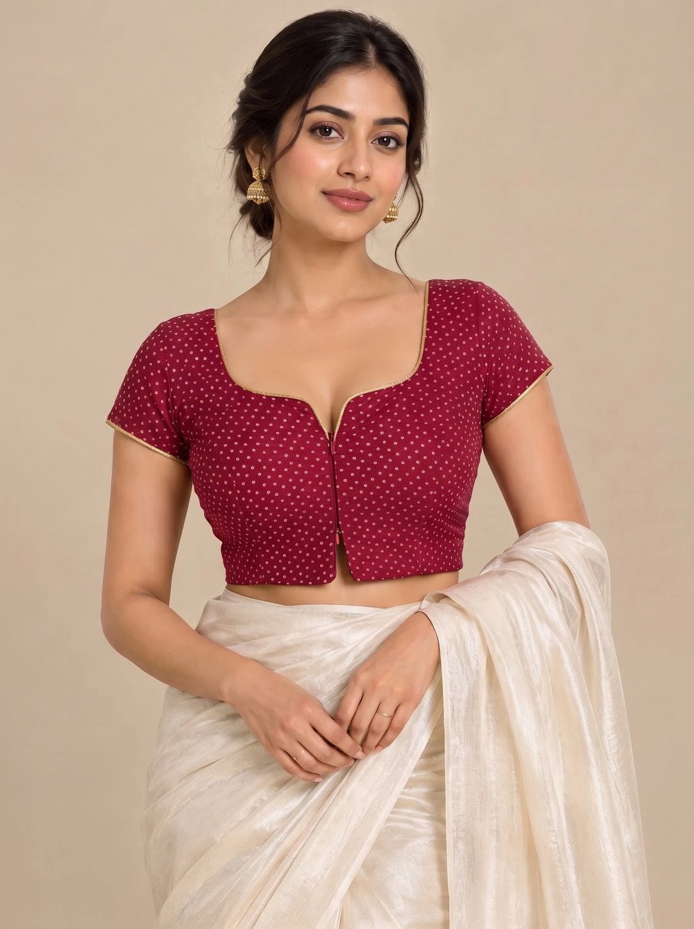 Sudha Mood | 2-Way Zipper Short-Sleeved Red Chandheri FlexiFitFit™ Saree Blouse