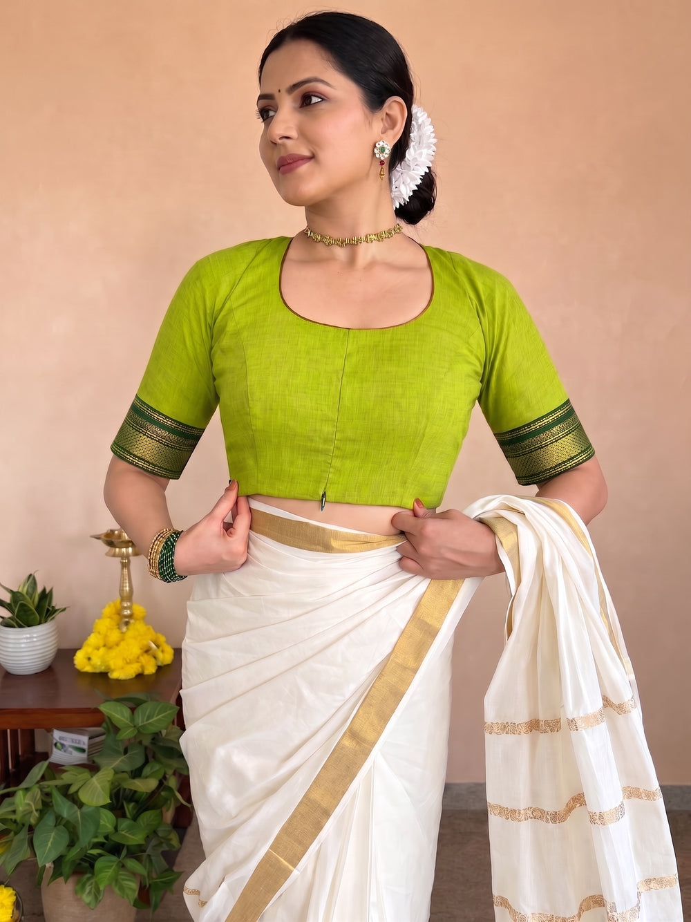 Kasavu-Kit Kasavu Saree with Revathi Elbow Sleeve blouse in Radiant Citron