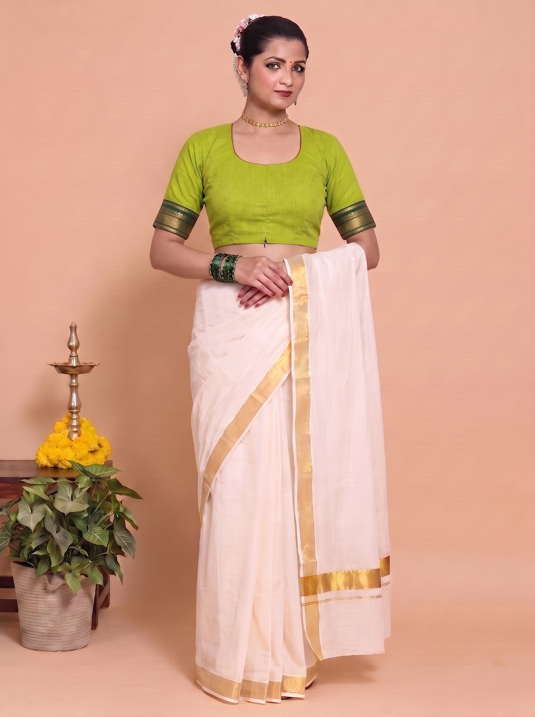 Kasavu-Kit Kasavu Saree with Revathi Elbow Sleeve blouse in Radiant Citron