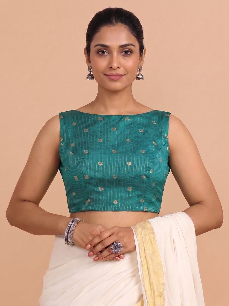 Anika | Sleeveless Mayur Green Striped Peacock Brocade FlexiFit™ Saree Blouse
