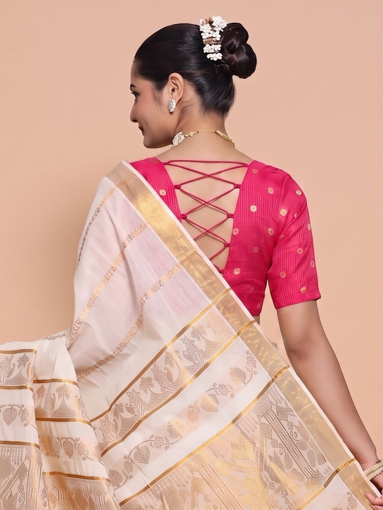 Madhura | Elbow Sleeve Rani Pink Striped Peacock Brocade FlexiFit™ Saree Blouse