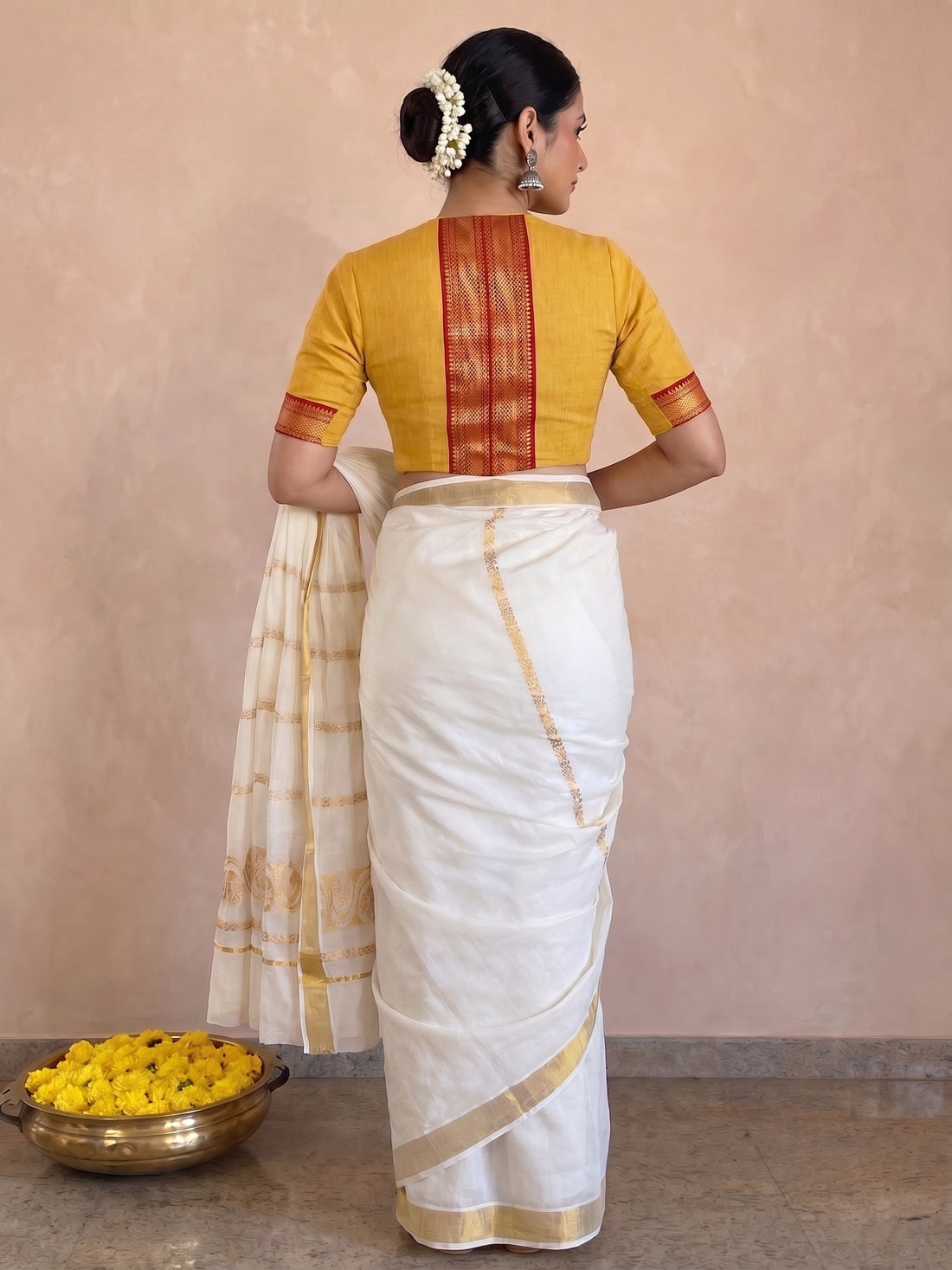 Kasavu-Kit Kasavu Saree with Nandini Elbow Sleeve blouse in Turmeric Yellow