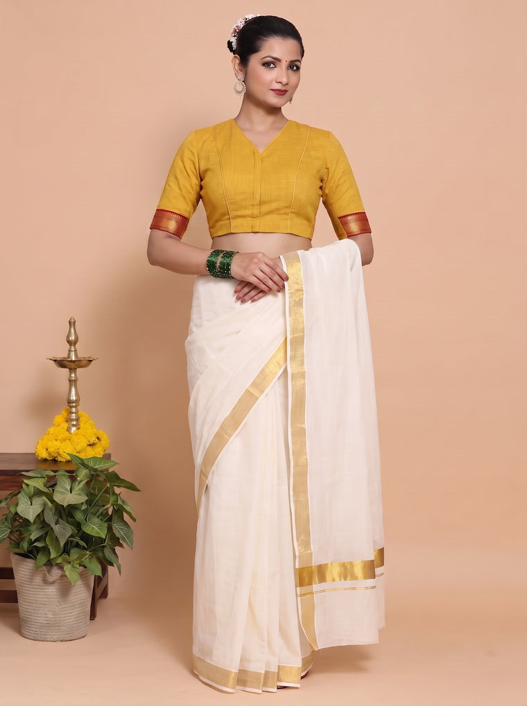 Kasavu-Kit Kasavu Saree with Varsha Sleeveless blouse in Turmeric Yellow Mangalgiri