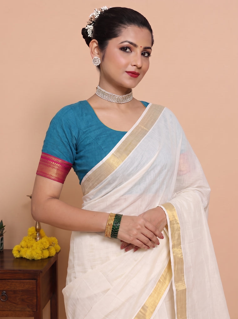 Kasavu-Kit Kasavu Saree with Varsha Sleeveless blouse in Cerulean Blue Mangalgiri