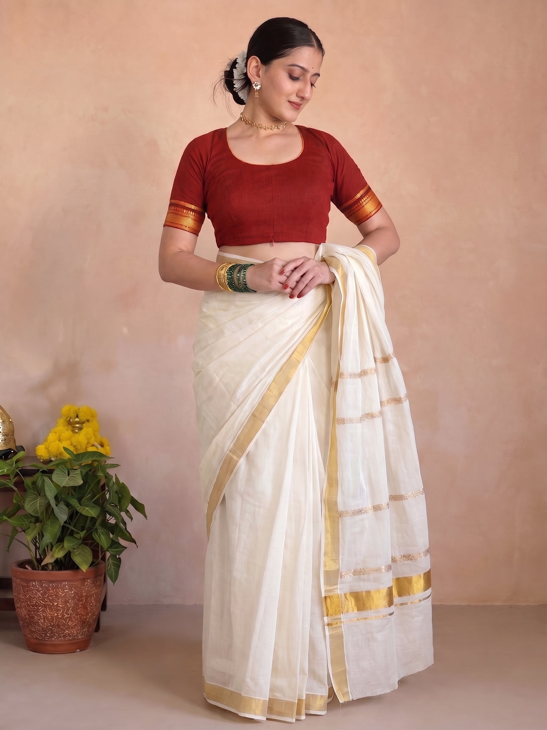 Kasavu-Kit Kasavu Saree with Revathi Elbow Sleeve blouse in Chilli Red