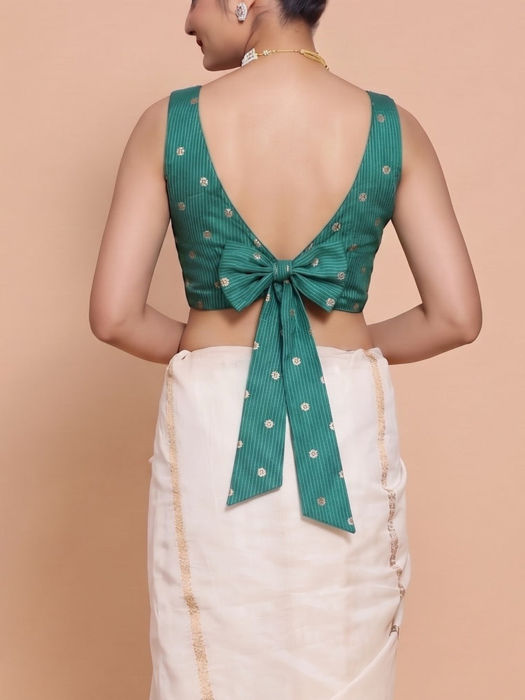 Anika | Sleeveless Mayur Green Striped Peacock Brocade FlexiFit™ Saree Blouse