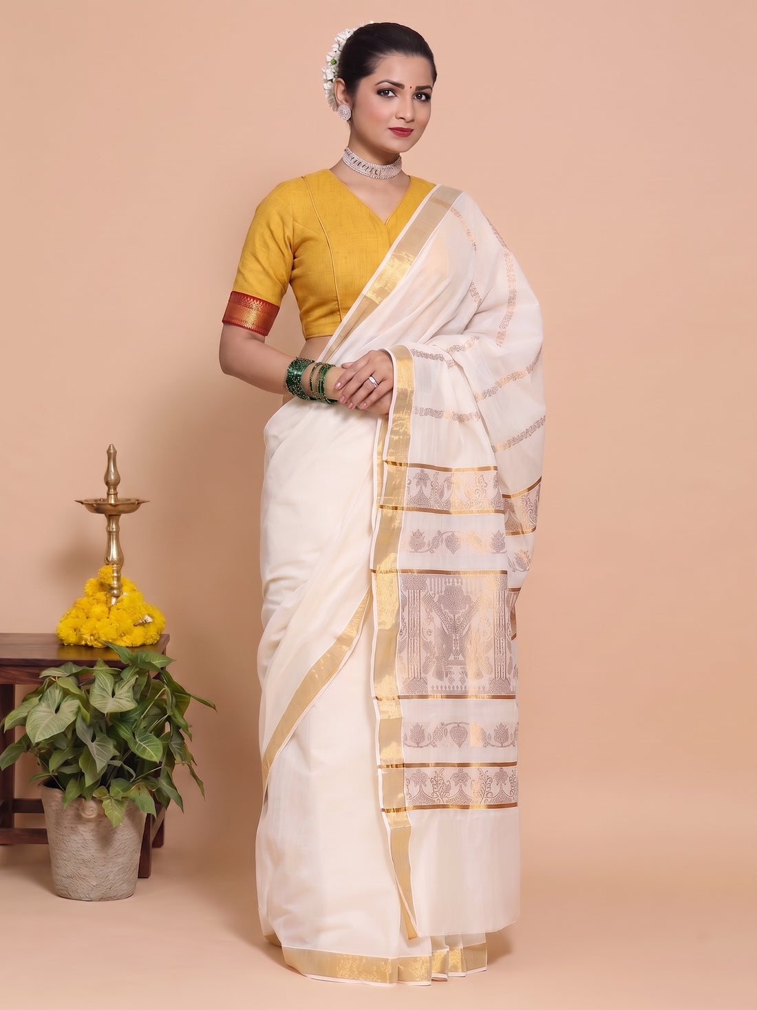 Kasavu-Kit Kasavu Saree with Varsha Sleeveless blouse in Turmeric Yellow Mangalgiri