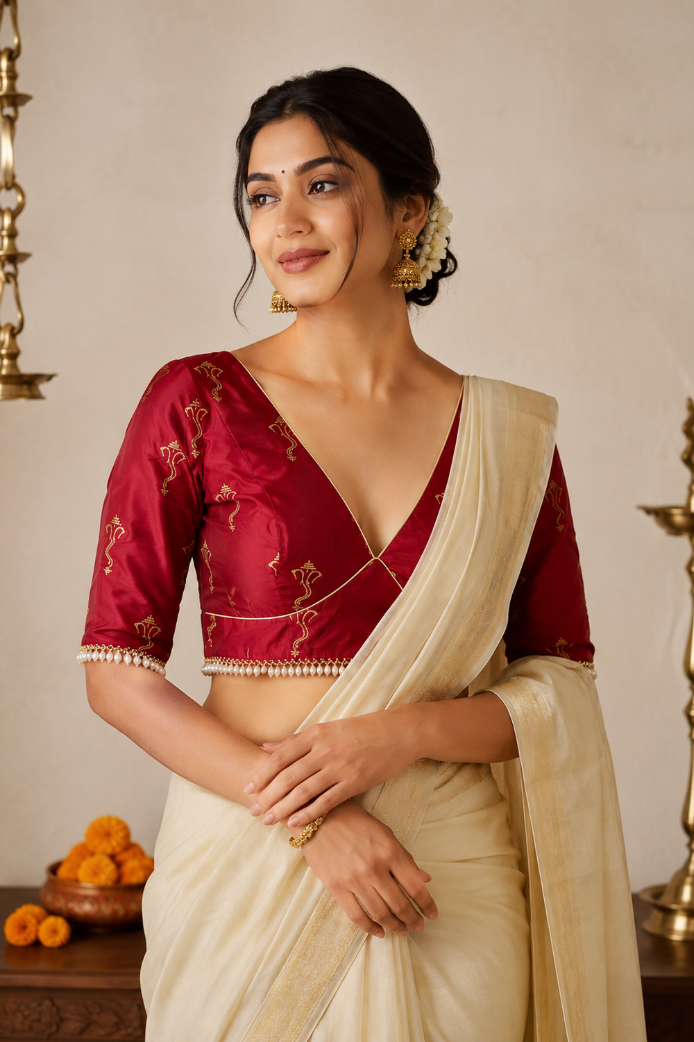 Mrunal | Embroidered Red Vegan Silk SculptFit™ Saree Blouse
