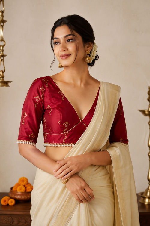 Mrunal | Embroidered Red Vegan Silk SculptFit™ Saree Blouse