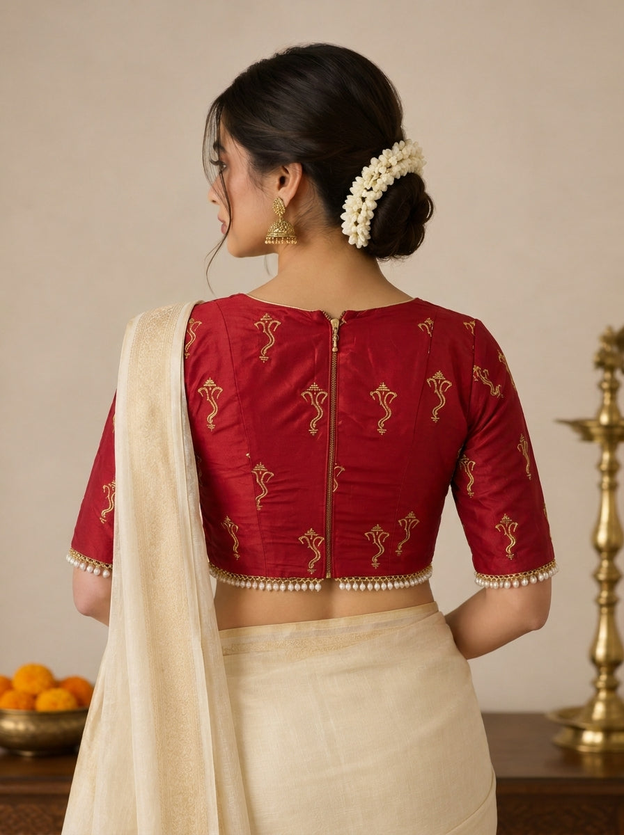 Mrunal | Embroidered Red Vegan Silk SculptFit™ Saree Blouse