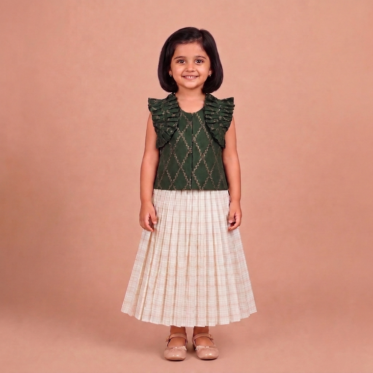 Pari x Tyohaar | Dark Green Vine Mesh Brocade Ruffle Sleeve Pattu Pavadai