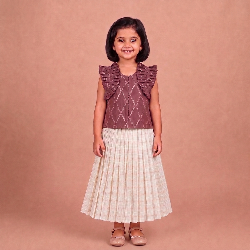 Pari x Tyohaar | Dusky Mauve Vine Mesh Brocade Ruffle Sleeve Pattu Pavadai