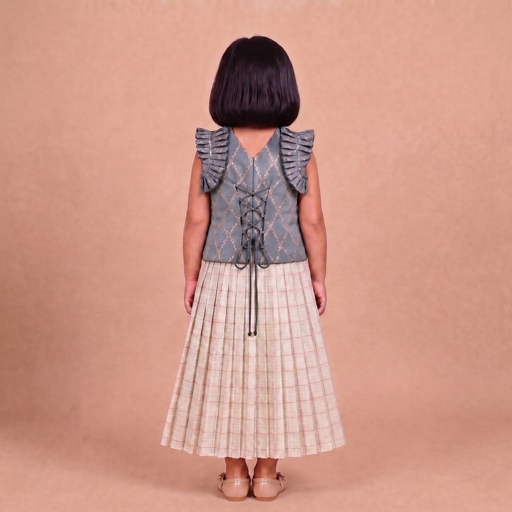Pari x Tyohaar | Gilded Grey Vine Mesh Brocade Ruffle Sleeve Pattu Pavadai