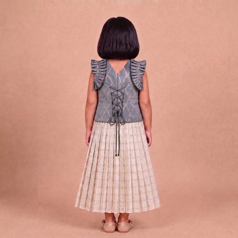 Pari x Tyohaar | Gilded Grey Vine Mesh Brocade Ruffle Sleeve Pattu Pavadai