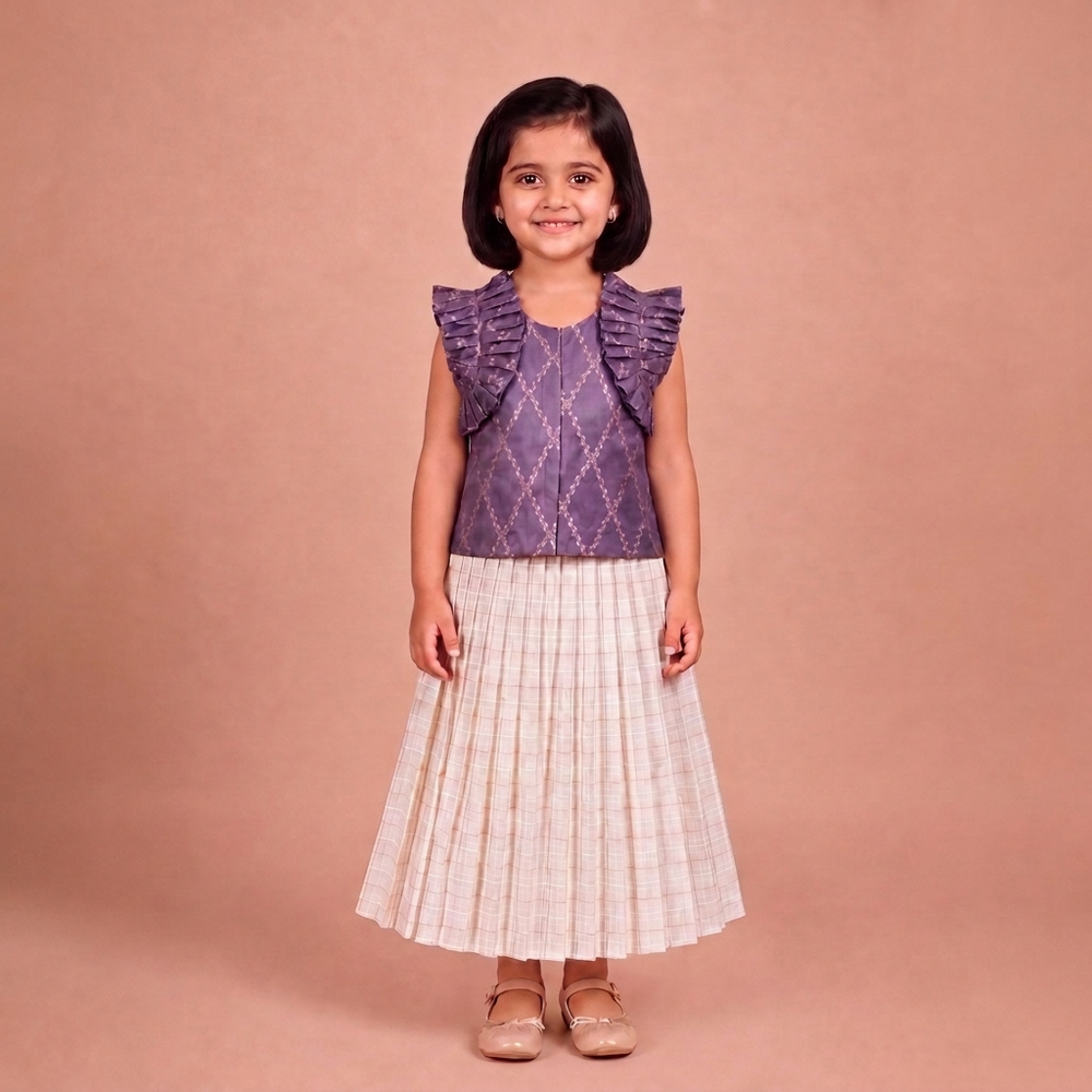 Pari x Tyohaar | Moonlit Lavender Vine Mesh Brocade Ruffle Sleeve Pattu Pavadai