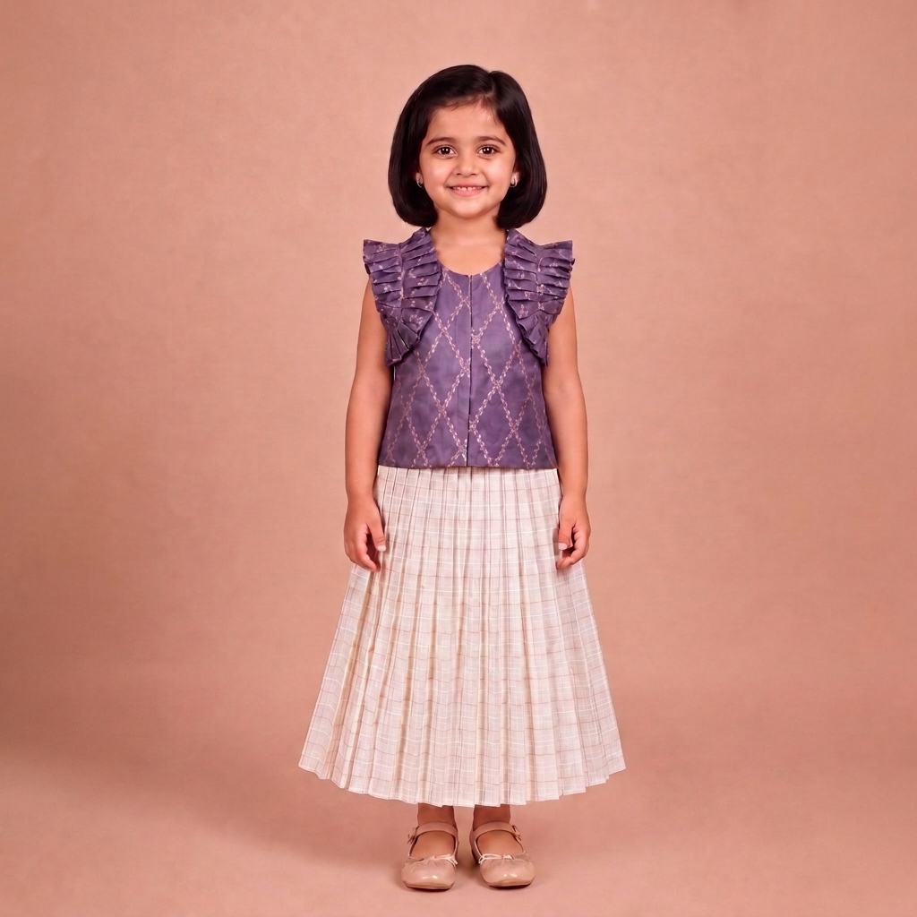 Pari x Tyohaar | Moonlit Lavender Vine Mesh Brocade Ruffle Sleeve Pattu Pavadai