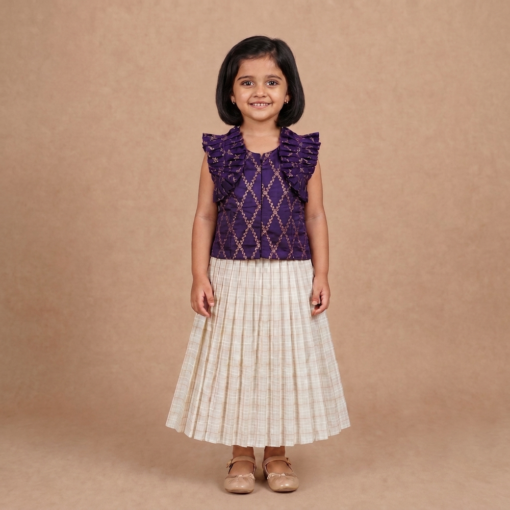 Pari x Tyohaar | Orchid Plum Vine Mesh Brocade Ruffle Sleeve Pattu Pavadai