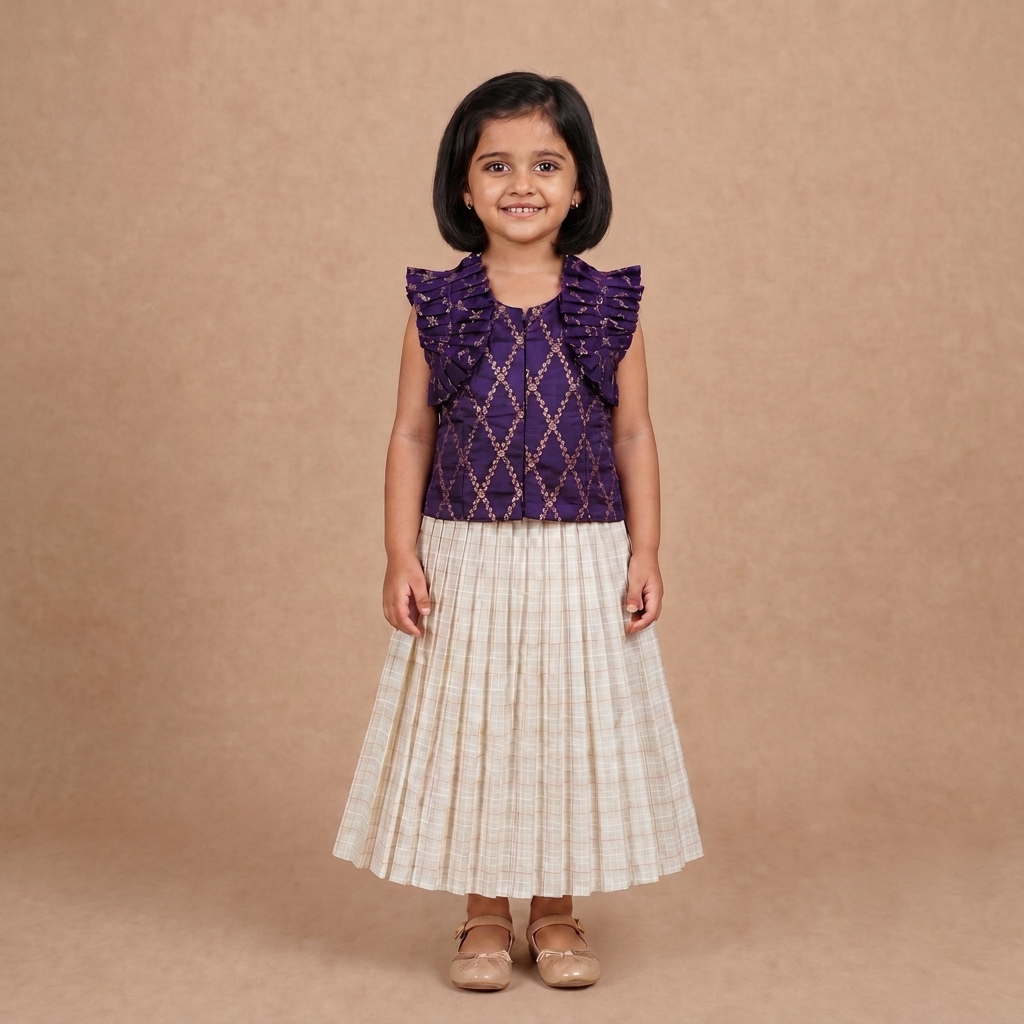 Pari x Tyohaar | Orchid Plum Vine Mesh Brocade Ruffle Sleeve Pattu Pavadai