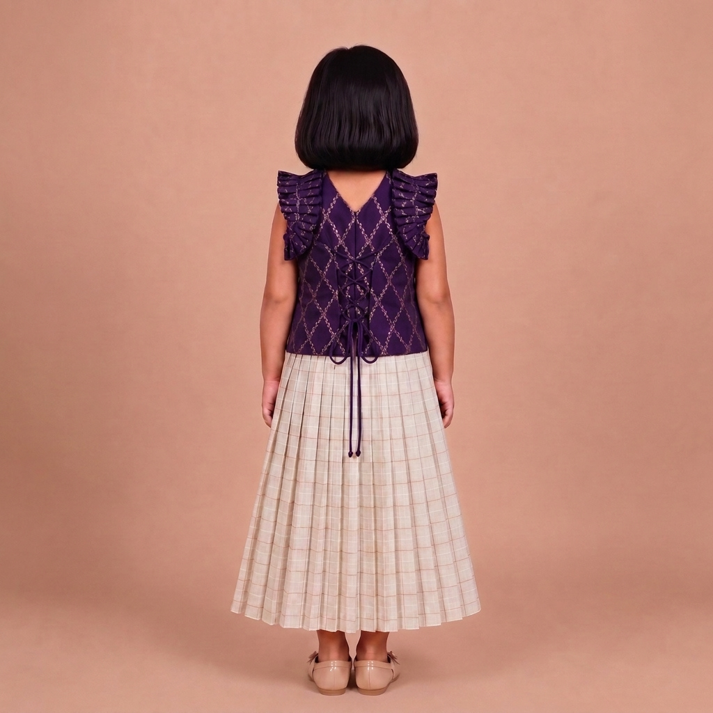 Pari x Tyohaar | Orchid Plum Vine Mesh Brocade Ruffle Sleeve Pattu Pavadai