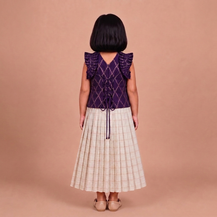 Pari x Tyohaar | Orchid Plum Vine Mesh Brocade Ruffle Sleeve Pattu Pavadai
