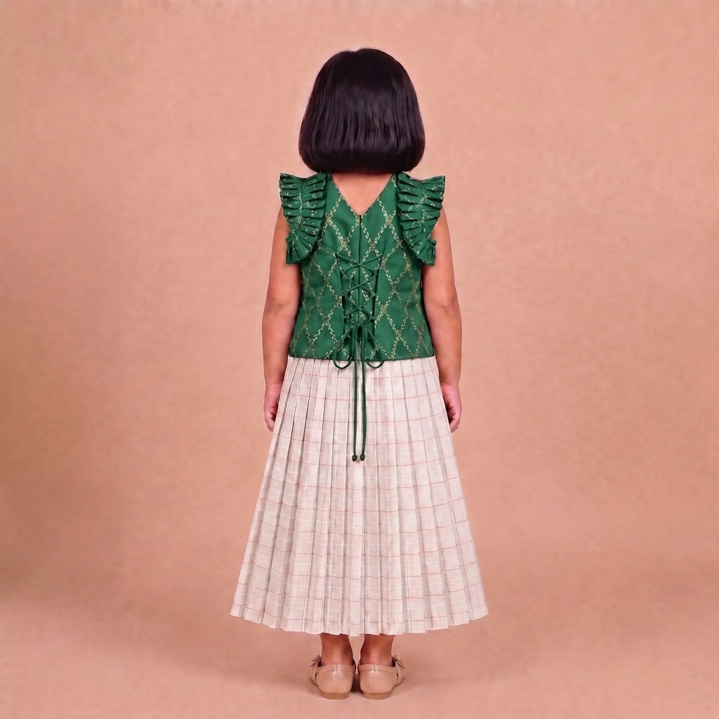 Pari x Tyohaar | Emerald Green Vine Mesh Brocade Ruffle Sleeve Pattu Pavadai
