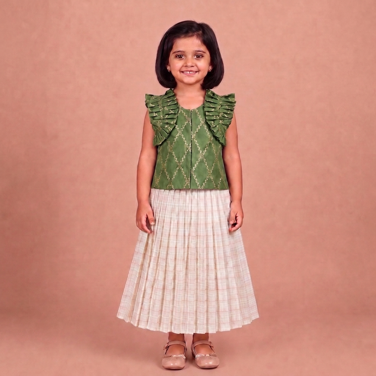 Pari x Tyohaar | Deep Olive Vine Mesh Brocade Ruffle Sleeve Pattu Pavadai