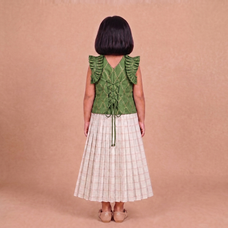 Pari x Tyohaar | Deep Olive Vine Mesh Brocade Ruffle Sleeve Pattu Pavadai