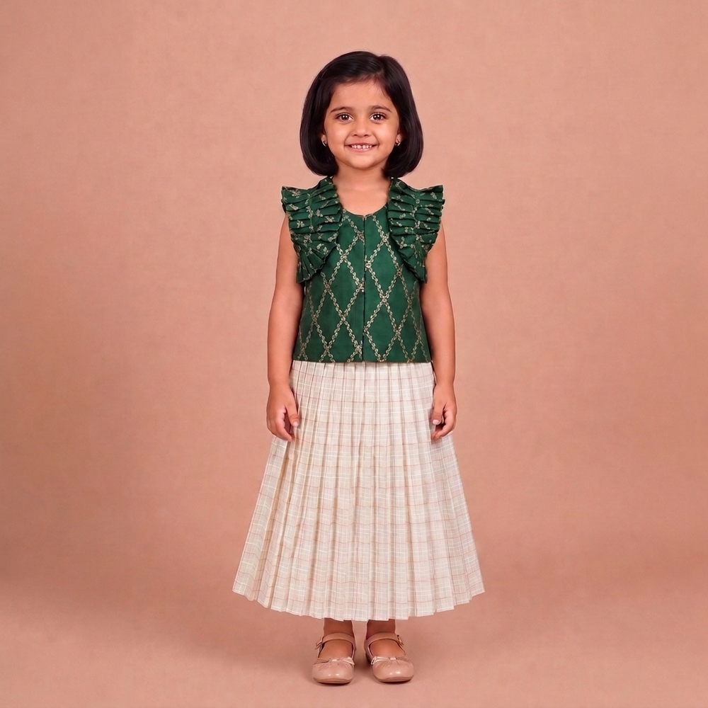 Pari x Tyohaar | Emerald Green Vine Mesh Brocade Ruffle Sleeve Pattu Pavadai