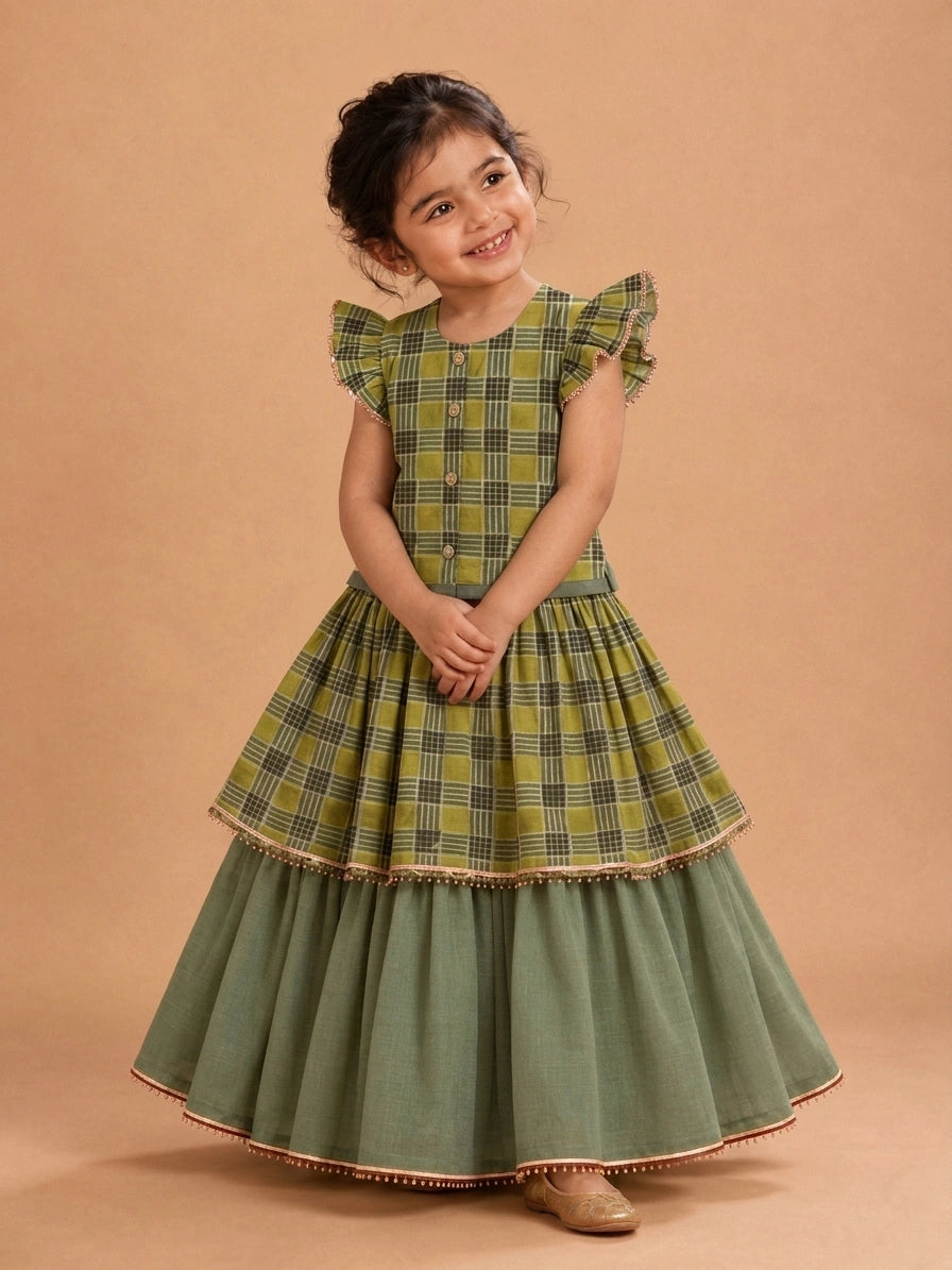 Amiya x Tyohaar | Tiered Lehenga Set in Olive Grid Block Print Cotton