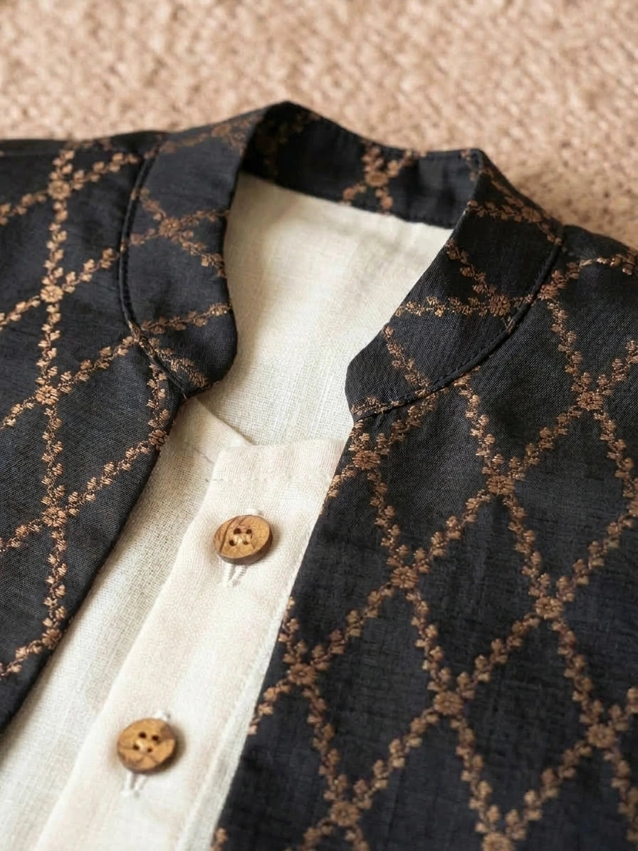 Jas x Tyohaar | White & Black Linen & Brocade Kurta Pant & Jacket Set