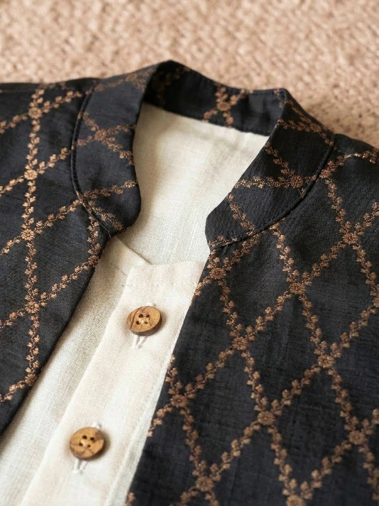 Jas x Tyohaar | White & Black Linen & Brocade Kurta Pant & Jacket Set