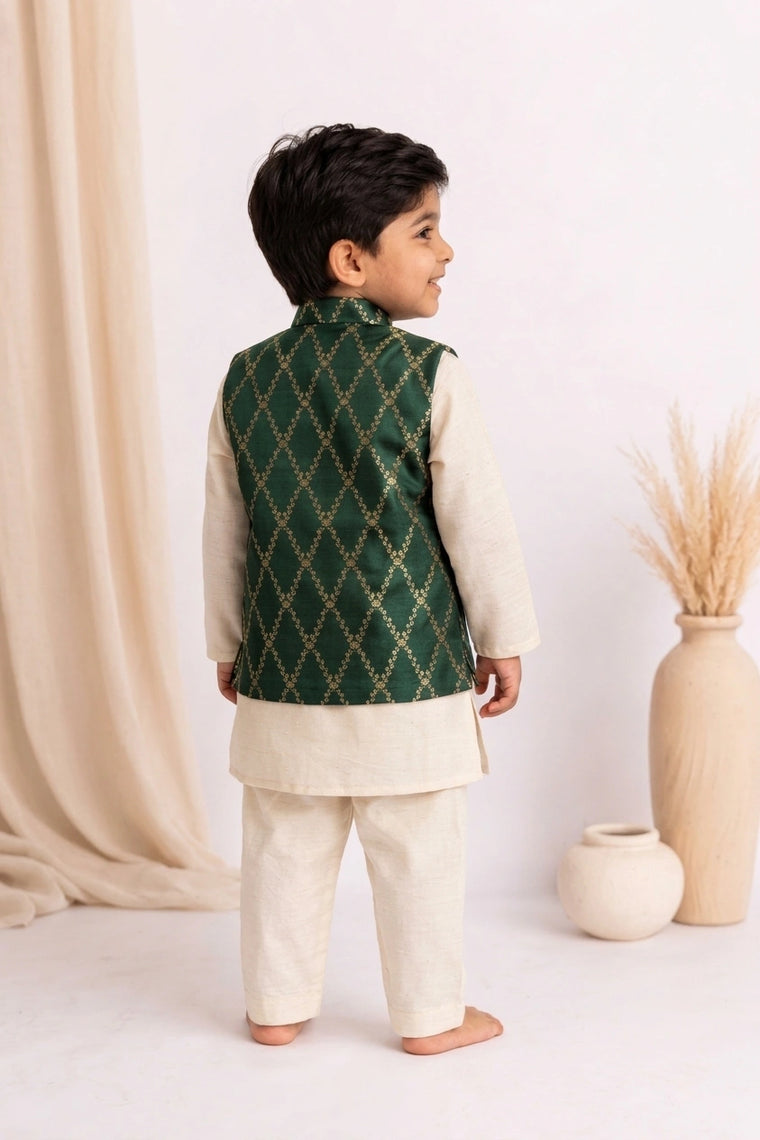 Jas x Tyohaar | White & Dark Green Linen & Brocade Kurta Pant & Jacket Set