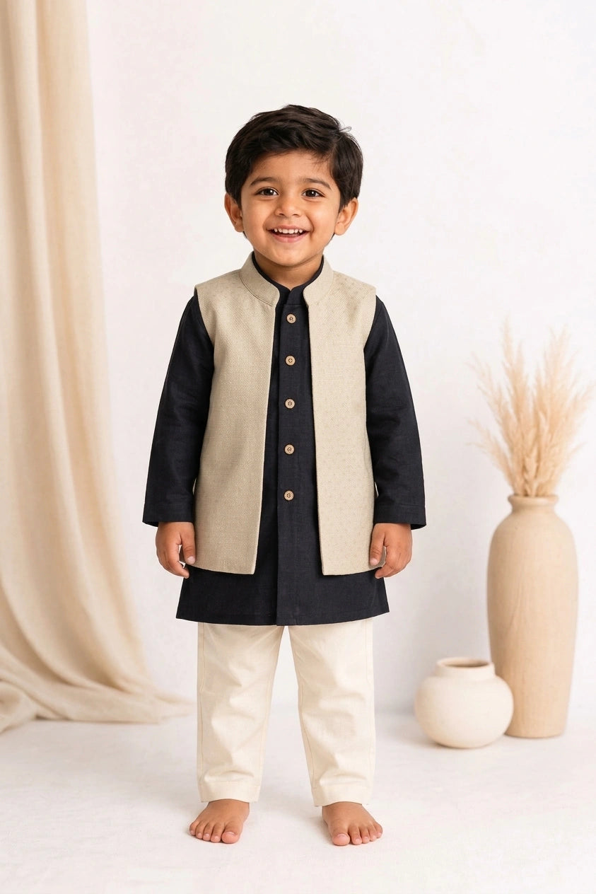 Sher x Tyohaar | Black & Oyster Grey Linen-Chandheri Kurta Pant & Jacket Set