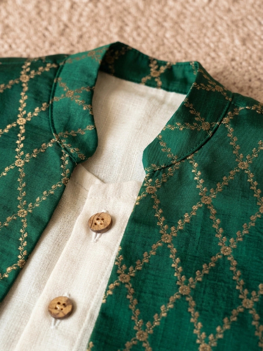 Jas x Tyohaar | White & Dark Green Linen & Brocade Kurta Pant & Jacket Set
