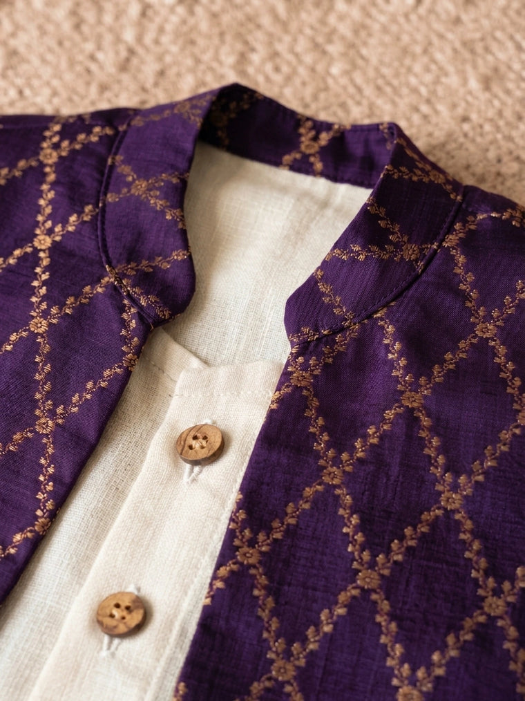 Jas x Tyohaar | White & Orchid Plum Linen & Brocade Kurta Pant & Jacket Set