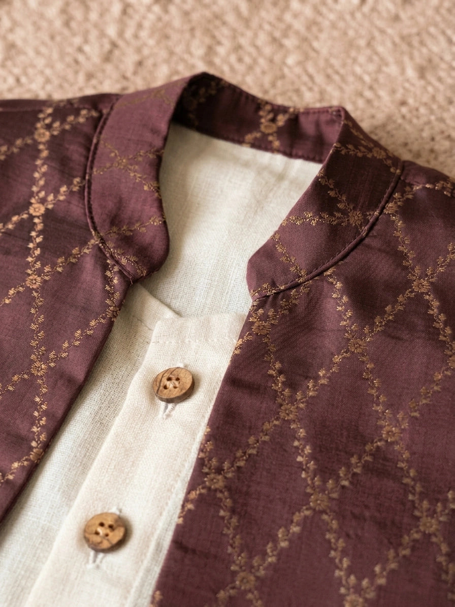 Jas x Tyohaar | White & Burgundy Linen & Brocade Kurta Pant & Jacket Set