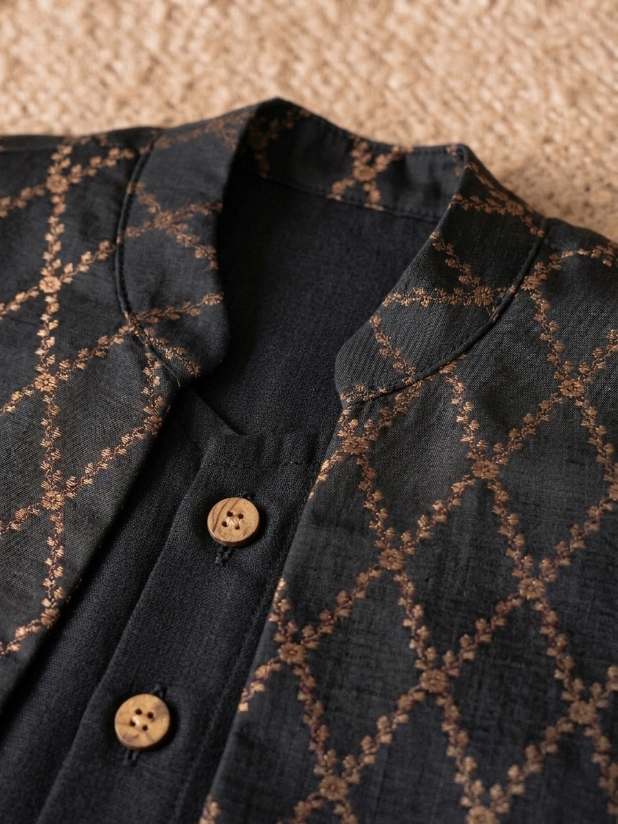 Jas x Tyohaar | Black Linen & Brocade Kurta Pant & Jacket Set
