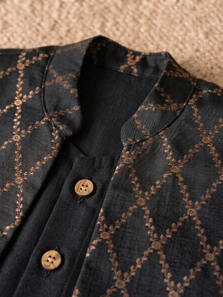 Jas x Tyohaar | Black Linen & Brocade Kurta Pant & Jacket Set